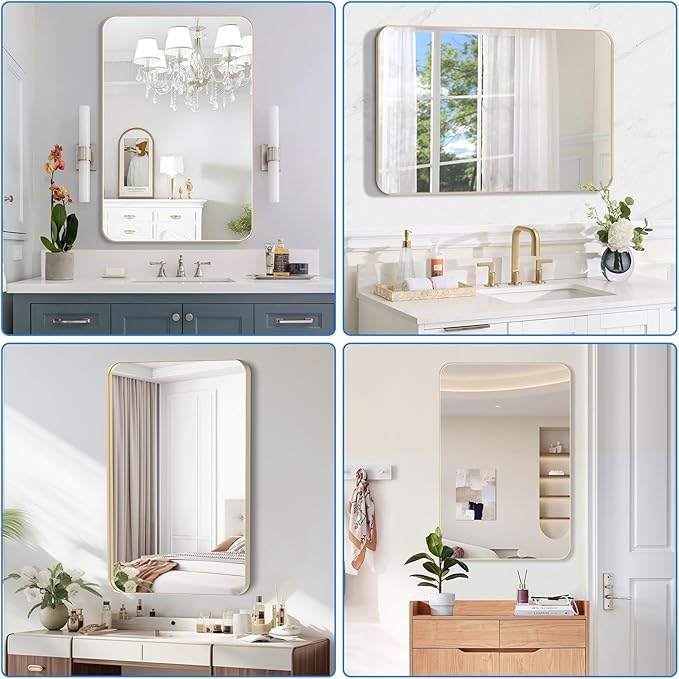 Brushed Gold Bathroom Mirror 24x36 Inch, Rounded Rectangular Bathroom Mirrors, Aluminum Alloy Frame Bathroom Mirror, Farmhouse, Hangs Horizontally or Vertically, HD Tempered Glass