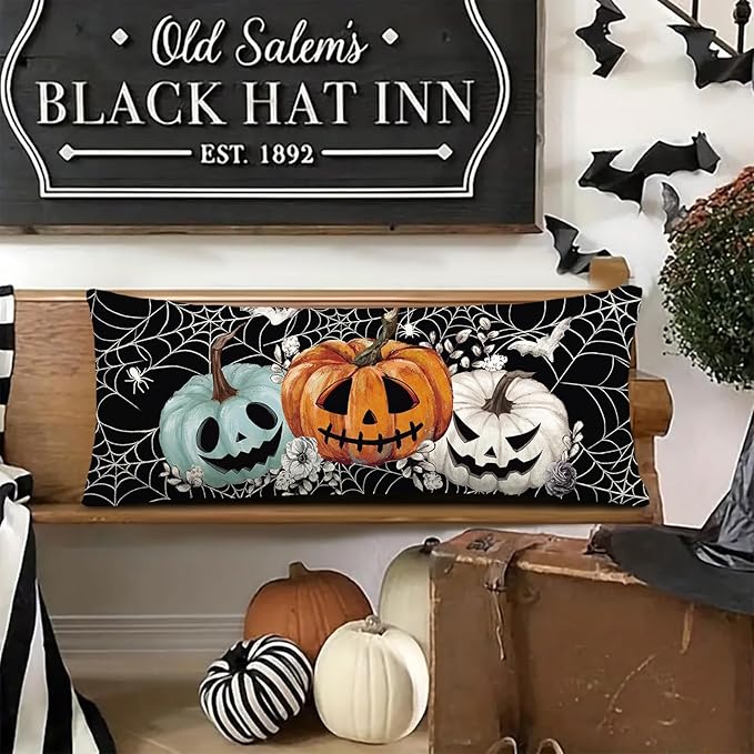 Baccessor Halloween Pillow Cover 14x36 Inch, Black Pumpkins Bats Spider Web Long Pillow Case Halloween Decor for Cushion Sofa Couch Indoor Outdoor Decoration 1 Piece