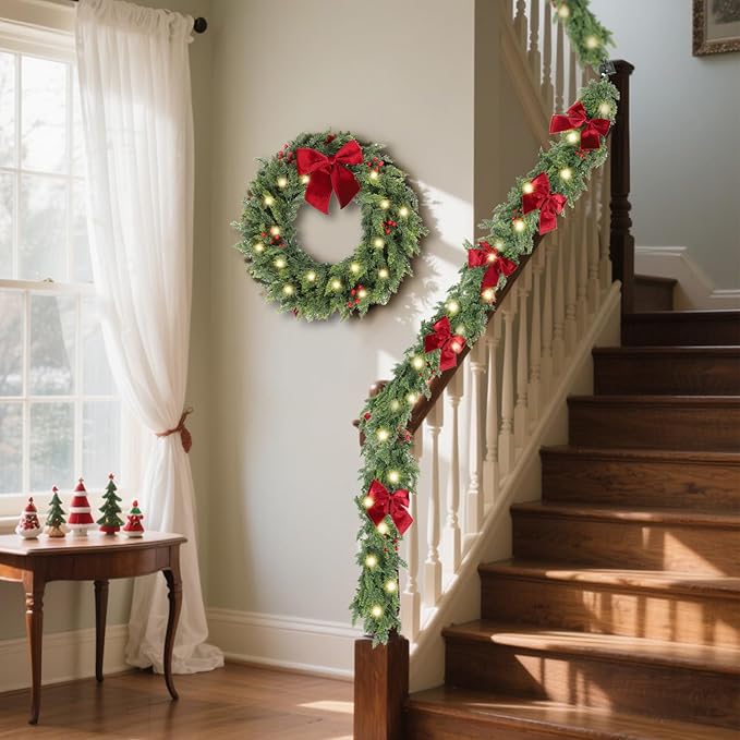 6ft Christmas Garland with Lights,Lighted Cedar Garland for Mantle,Prelit Real Touch Artificial Green Christmas Winter Garland with Large Burgundy Velvet Bow for Indoor Outdoor Decor