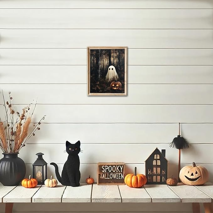 RETRART Vintage Halloween Ghost Wall Decor Pumpkin Head Wall Art Print 8x10 inch Horror Decor, for Bedroom, Kitchen Spooky Wall Decor, Moody Fall Forest Gallery Style Canvas Picture -Unframed