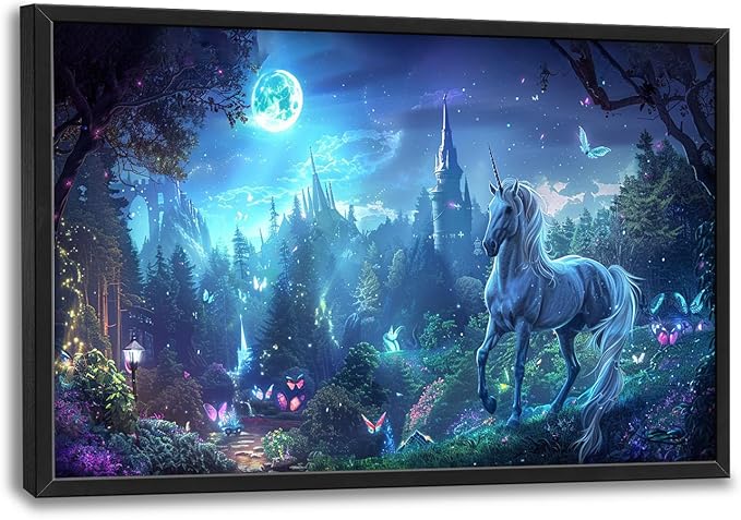 Flintis Large Unicorn Wall Art Unicorn Castle Moon Pictures Wall Decor Abstract Animal Canvas Painting Print Artwork Decoration Framed for Living Room Bathroom Master Bedroom Office 36L x 24W