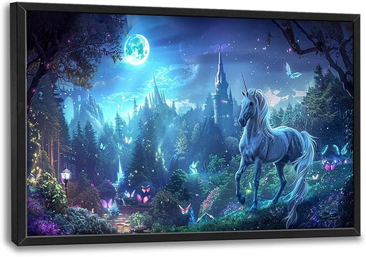 Flintis Large Unicorn Wall Art Unicorn Castle Moon Pictures Wall Decor Abstract Animal Canvas Painting Print Artwork Decoration Framed for Living Room Bathroom Master Bedroom Office 36L x 24W