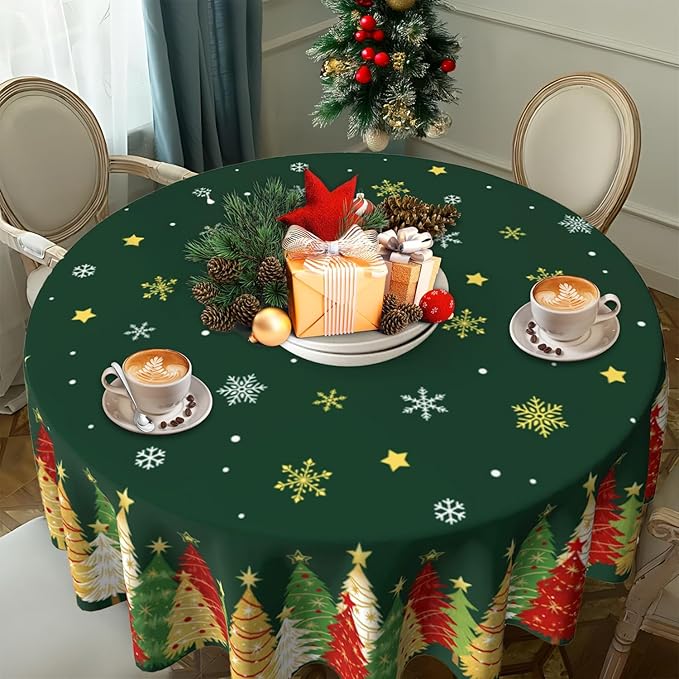Christmas Round Tablecloth 60x60 Inch Xmas Snowflakes Trees Table Cover Holiday Decorations Seasonal Decor for Home Kitchen Dining Room Picnic Party Winter Green