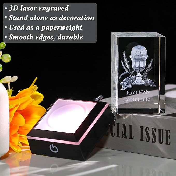 Movdyka 3D Crystal First Communion Gifts for Girls Boys Decorations Laser Engraved 3D Holy Grail Figurine Catholic Baptism Gifts with Colorful LED Base