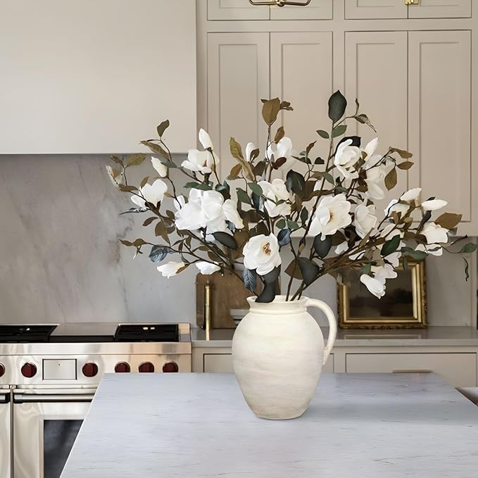 Ceramic Rustic Farmhouse Vase, 7.1" Pottery Beige Pitcher Vase for Flowers Pampas Grass Centerpieces Boho Modern Rustic Farmhouse Decor for Living Room Kitchen Countertop Entryway Dinner Table Shelf