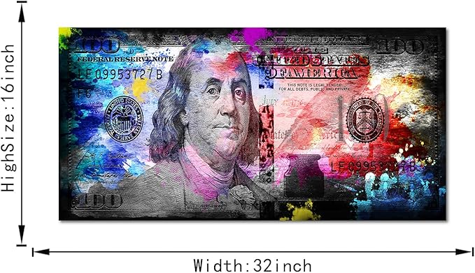 Inspirational Canvas Wall Art 100 Dollars Bill ArtWork Canvas Print Office Decor Money Pop Art Entrepreneur Motivational 100 Bill Cash Posters Pictures for Home Decor Framed ready to Hang - 32"Wx16"H