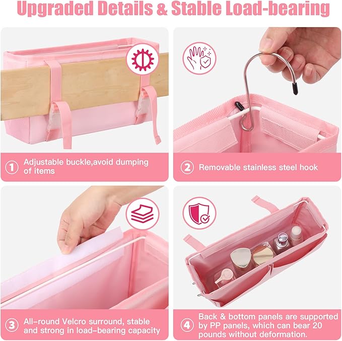 Bedside Caddy Organizer with Fixed Straps, Bunk Bed Caddy ideal for Home, Bunk Bed, Dorm, Hospital, Crib, Versatile Bedside Storage Solution (Pink)