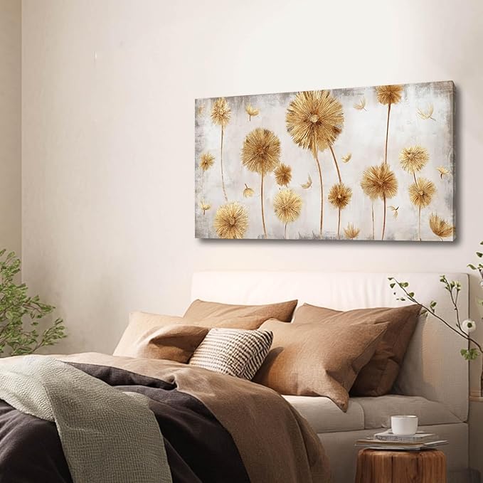 Framed Canvas Wall Art Gold Dandelion Wall Prints Living Room Artwork Grey Picture Wall Decor for Bedroom 20"x 40" Office Painting Home Decor