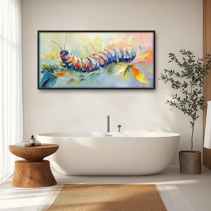 Extra Large Framed Abstract Caterpillar Wall Art,Colorful Cute Caterpillar Leaves Wall Decor Pictures for Living Room,Canvas Print Painting Modern Artwork Bedroom Office Bathroom 60L x30W