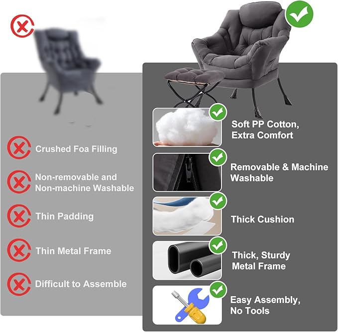 Lazy Chair with Ottoman, Modern Chair with Folding Footrest, Lounge Accent Chair, Comfortable Reading Chair, Oversized Armchairs for Bedroom, Study, Living Room, Courtyard (Dark Grey)