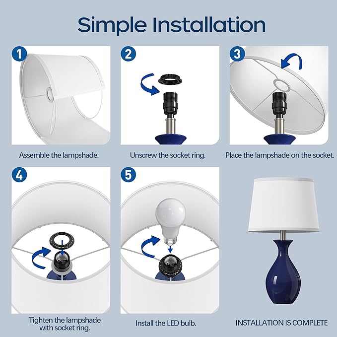 PARTPHONER Table Lamp Set of 2, Modern Ceramic Bedside Lamps for Night Stands, Classic Small Lamp Nightstand Lamp for Bedroom Living Room Desk End Table Rocker Navy Blue