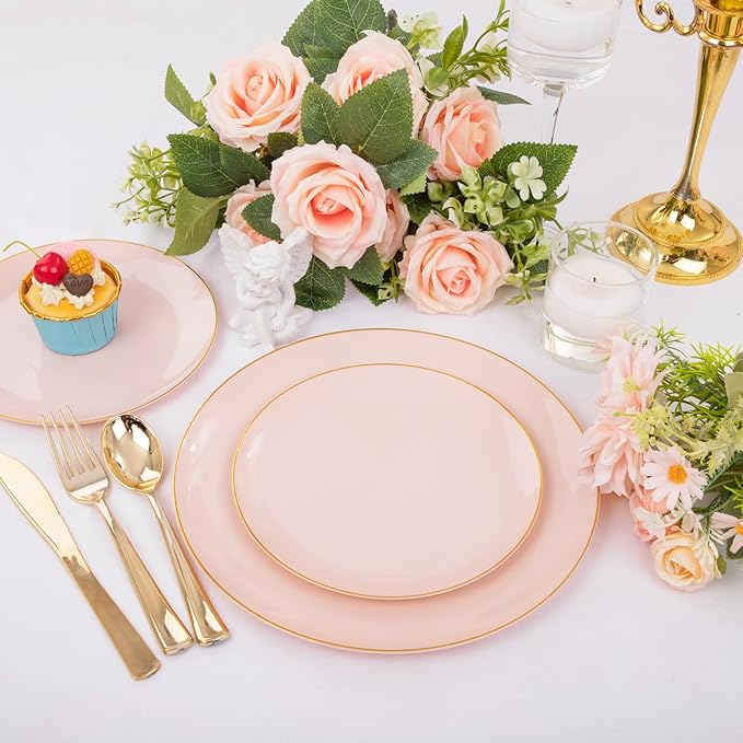 YOUBET 125PCS Pink Plastic Plates - Pink Disposable Plates With Gold Rim - Pinks and Gold Plates Include 25 Dinner Plates, 25 Dessert Plate, 75 Cutlery for Party Wedding Birthday