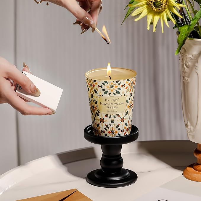 HomeLights Scented Candles for Women & Men, 6.7oz Candle Jars Aromatherapy Single Wick Candle, Ideal for Bohemian Natural Textures Home Decor and Gifts, Peach Blossom Freesia