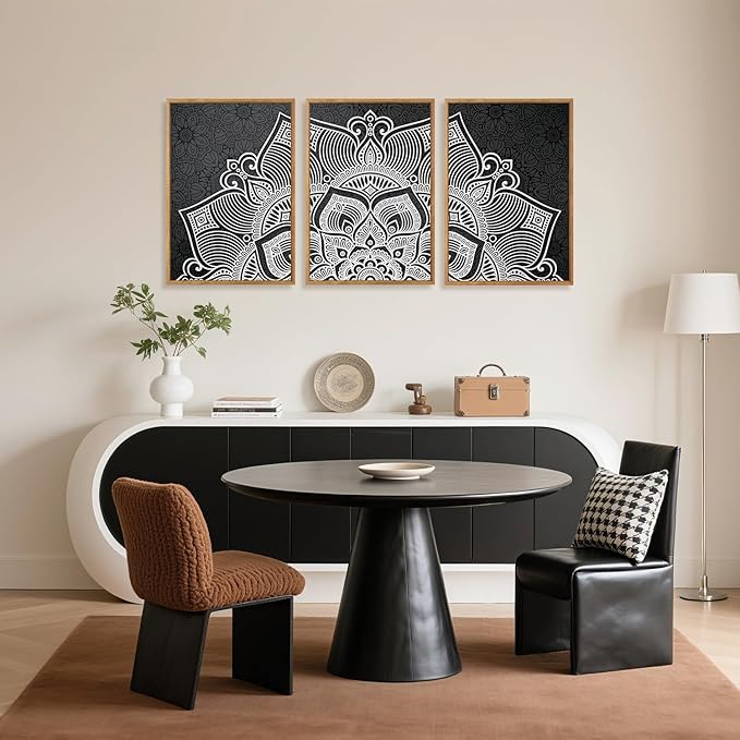 CHDITB Lotus Flower Framed Canvas Wall Art Set, Mandala Wall Decor for Yoga Room, Black and White Spiritual Wall Painting, Vintage Meditation Art Prints for Zen Living Room, Bedroom, Office 16"x24"x3