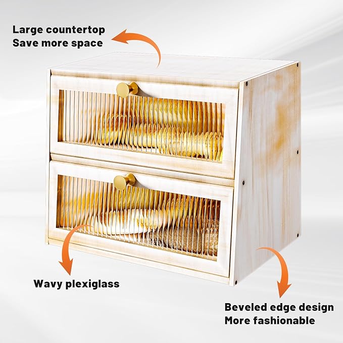 Vintage Double Layer Bread Box for Kitchen Countertop，Large White Bread Boxes Wooden Breadbox Bread Storage Container Bin Bread Holder(Vintage White)