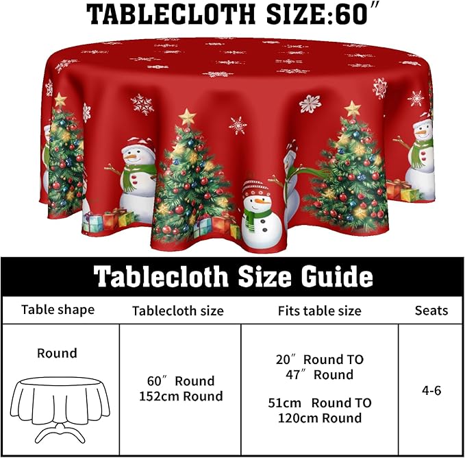 Merry Christmas Tablecloth Round 60 Inch Winter Snowman Table Cloth Red Snowflake Print Christmas Table Cover Winter Holiday Tablecloths Seasonal for Home Kitchen Dining Party Indoor Outdoor Decor