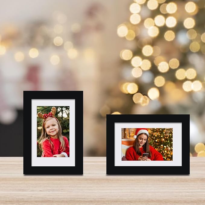 Egofine 4x6 Picture Frames Set of 4, Made of Solid Wood Covered by Plexiglass 3.5x5 with Mat or 4x6 without Mat, for Table Top Display and Wall Mounting Photo Frame Black