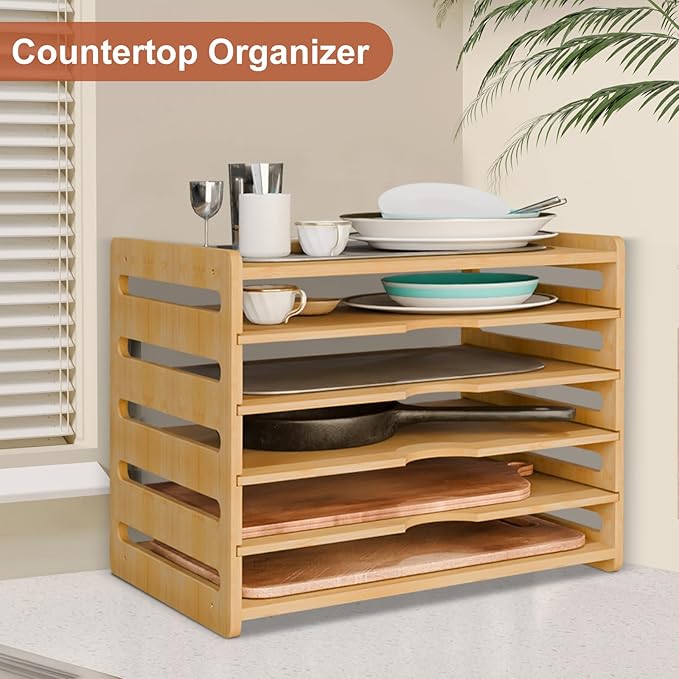 Wooden Cabinet Tray Dividers,Kitchen Vertical Tray Divider Organizer for Storing Baking Sheets, Pans, Lids, Cutting Boards, and Trays – 5-Compartment Adjustable Design for Clutter-Free Cabinet Storage