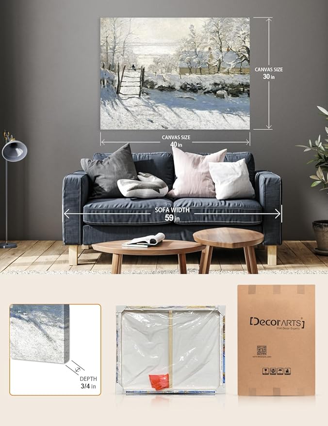 DECORARTS - The Magpie by Claude Monet, Museum-Quality Giclee Canvas Print, Wall Art Reproduction, 40" W x 30" H, Made in USA