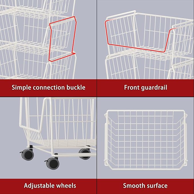 PUSDON Stackable Metal Storage Carts, Dual Use Shelf for Kitchen Fruit Vegetable Baskets with Wheels, Storage Rack for Living Room, Home & Office, Standard White 4 Tiers