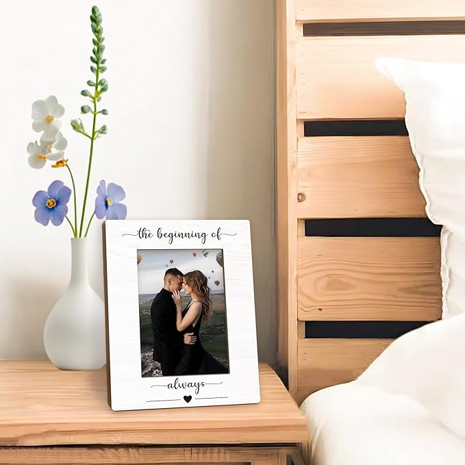 Engagement Picture Frame 5x7, Wedding Photo Frame, Engagement Gifts for Couples Newly Engaged, The Beginning of Always Wedding Couples Wooden Picture Photo Frames for Desk Home Room Decor