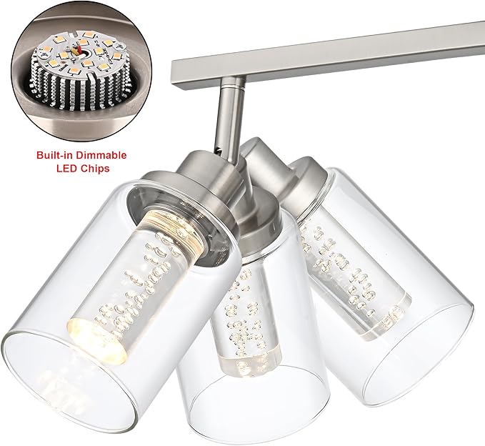 MELUCEE 3-Light LED Track Lighting Brushed Nickel Modern Ceiling Light Bathroom Wall Light with Flexibly Pivoting Heads, Built-in LED Chips, 5-Color Temperature Adjustable