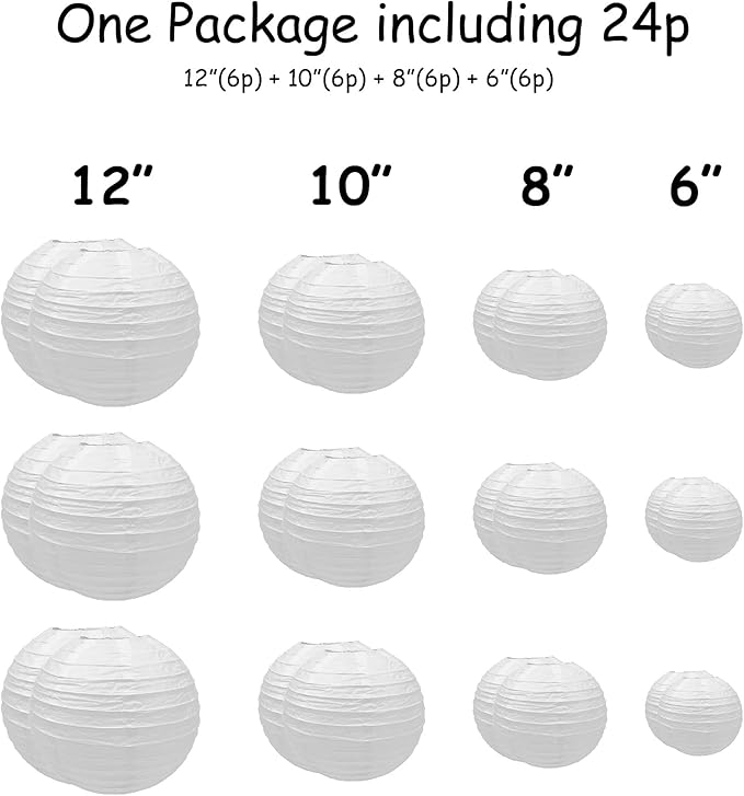 Handmade Decorative Chinese Japanese Hanging Paper Lanterns 24pcs Assorted Sizes 6', 8', 10', 12' All White
