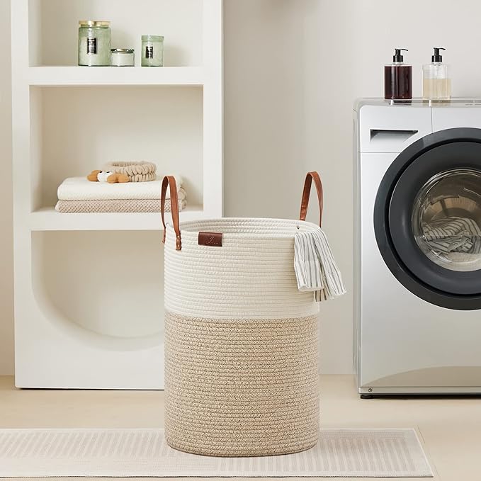 VIPOSCO Tall Laundry Basket, Large Dirty Clothes Hamper with Leather Handle, Woven Rope Storage Basket for Blanket, Toy In Living Room, Bathroom, Bedroom - 72L White & Brown