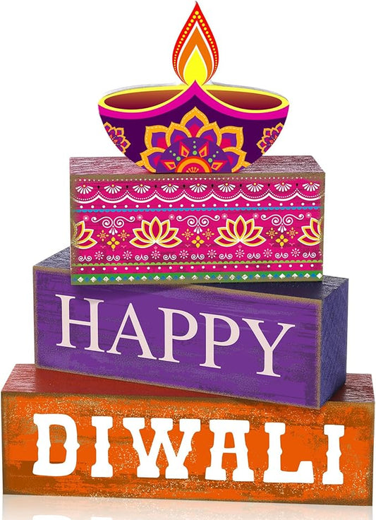 4 Pcs Diwali Wooden Table Decoration Centerpiece Happy Diwali Tiered Tray Decor Warm Wishes Diyas Wooden Design for Traditional Festival Party Deepawali Celebration Supplies