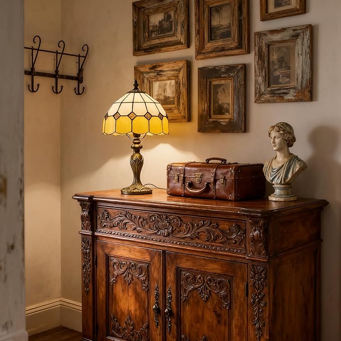 Tiffany-Style 8 Inch Table Lamp Mediterranean Series Stained Glass Lampshades Small Bedside Lamp Reading Antique Desk Light Livingroom Bedroom Office Vintage Art Deco Victorian(Color:Orange)