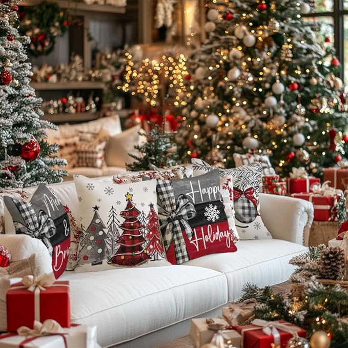 GEEORY Christmas Throw Pillow Covers 18x18 Inch Set of 4, Xmas Trees Merry and Bright Happy Holidays Farmhouse Decorative Cushion Cases for Home Decoration G632-18