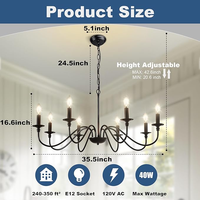 Depuley Black Chandelier Light Fixture: Modern 8-Light Modern Farmhouse Chandelier for Dining Room Lighting - Industrial Hanging Pendant Lights Kitchen Island - Vintage Candle Chandeliers for Foyer