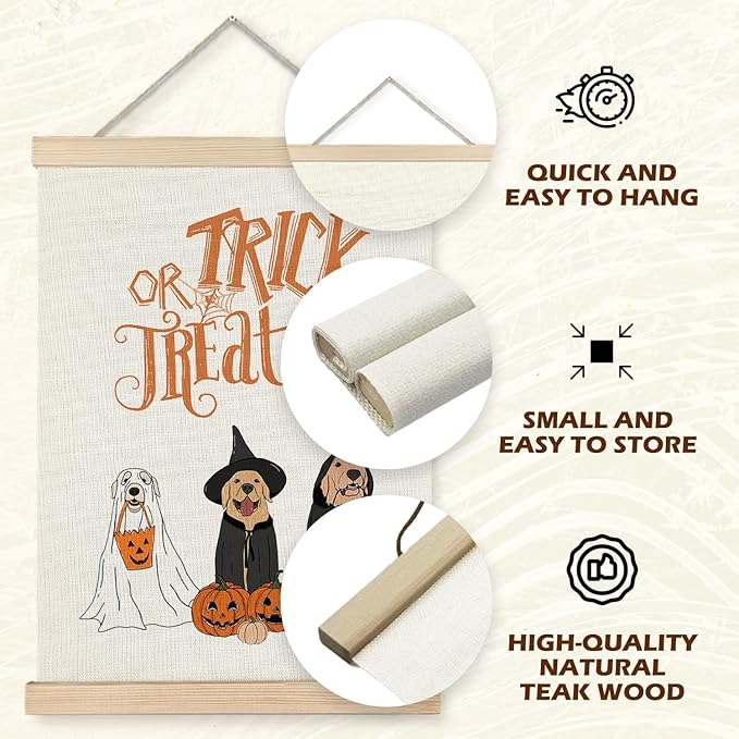 Supwhd Trick or Treat Halloween Ghost Dogs Pumpkin Wall Art with Wooden Poster Hanger, Ghost Dog Decor, Halloween Pictures Wall Decor, Spooky Wall Decor, 12x16