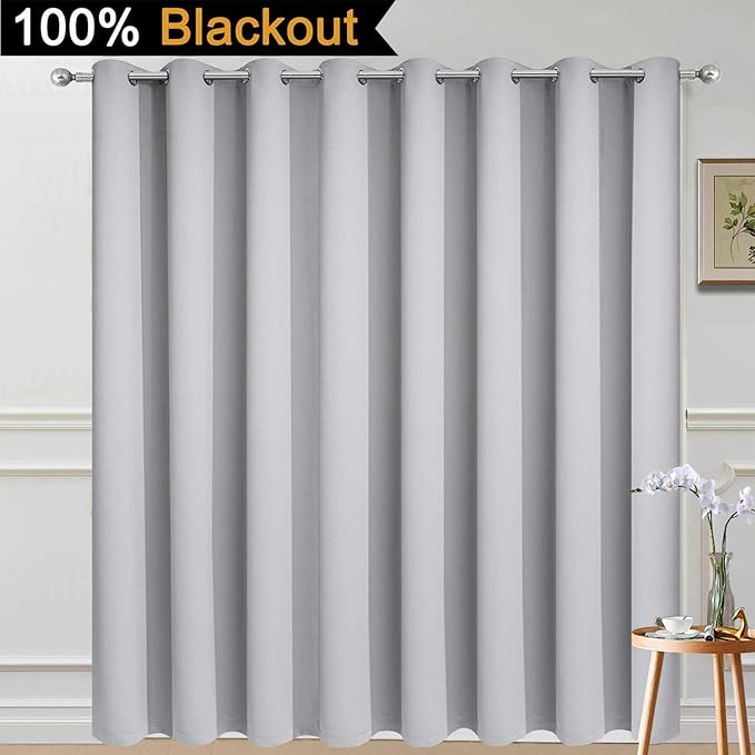 Yakamok Extra Wide 100% Blackout Curtains for Patio Door, Thermal Backing Sliding Glass Door Drape, Privacy Assured Window Treatment for Sliding Door Curtains, Light Grey, W100 x L96, 1 Panel