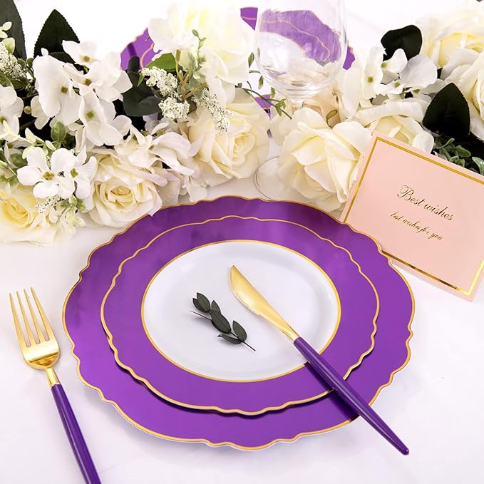 WDF 30Guest Purple Plastic Plates with Gold Rim & Disposable Gold Plastic Silverware With Purple Handle - Baroque Party Plates Mardi Gras Plate for Birthday Parties