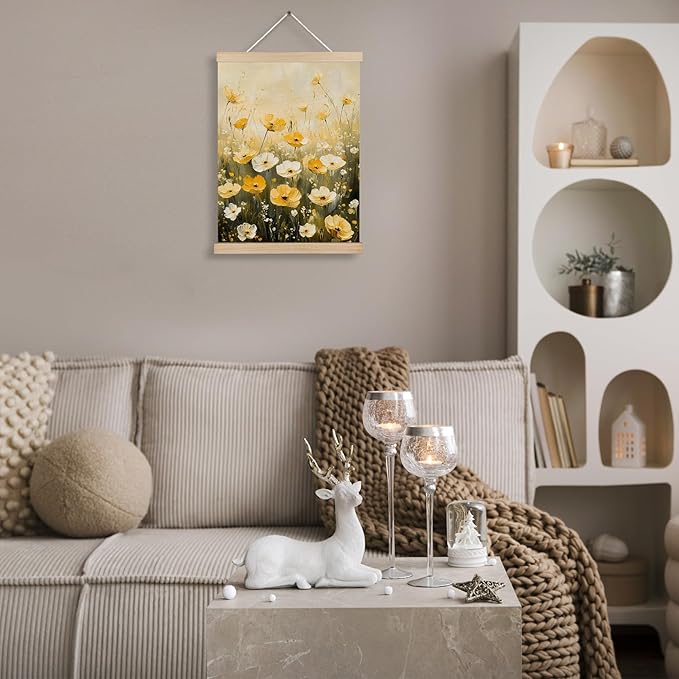 FITIE Watercolor Wildflowers Wall Art Poster Framed, Rustic Farmhouse Decor, Floral Room Decor, Fall Wall Decor Poster Hanger Frame, Rustic Cottagecore Yellow White Flower Field Canvas Wall Art Prints for Home Office, 12x16 Inches