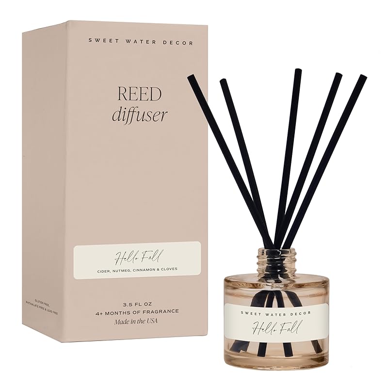 Sweet Water Decor Hello Fall Reed Diffuser, Cozy Autumn Home Scent with Apple Cider & Spice, Long-Lasting Non-Toxic Oil for Bedroom, Bathroom & Office, Fall Gift Set for Women, Lasts 4+ Months