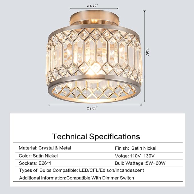 Crystal Ceiling Light Fixture, Modern Semi Flush Mount Ceiling Light,Crystal Chandelier for Kitchen Bedroom Bathroom Entryway Nickel Finish (Bulb not Included)