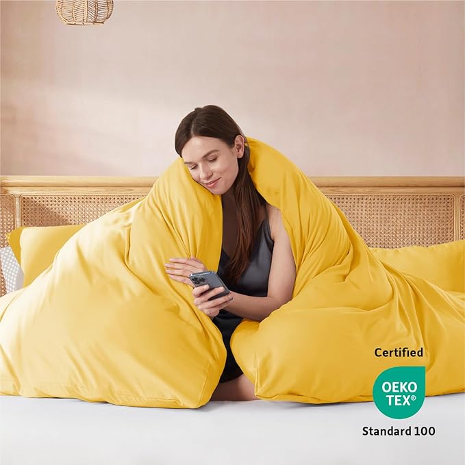 Nestl California King Duvet Cover Set with Comforter Insert - Yellow 4 Piece 104x98 Duvet Cover & 2 Pillow Shams with White Quilted Down Alternative Comforter, Ultra Soft, All Season