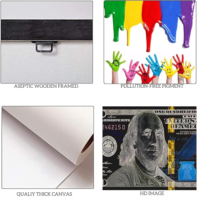 Abstract Creative 100 Dollar Bill Print Abstract Benjamin Franjlin Money Artwork Cash Art Print Rich Money Millionaire Canvas Paintings for Living Room Bedroom Wall Decor Framed Easy to Hang-32"Wx16"H