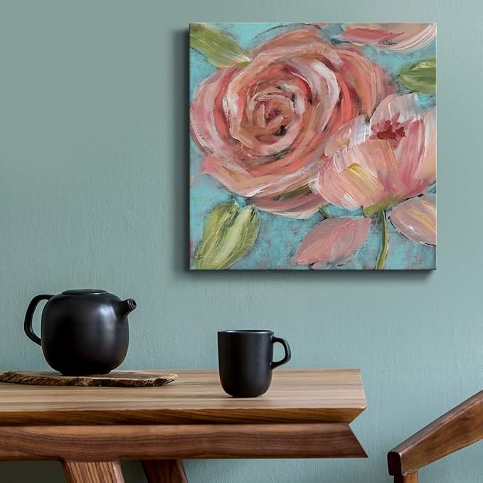 Wexford Home Square Premium Gallery Wrapped Canvas Flower Multicolor Wall Art Abstract Floral Romance Modern Pictures Print for Home Office, Ready to Hang, Blushing Coral Beauties, 16x16