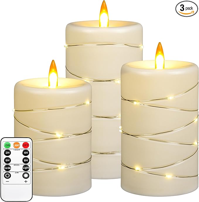 Da by Flameless Candle with Recessed Fairy Lamp, Dynamic Flame Candle Battery Powered with Timer & Remote Control 3-Piece Set
