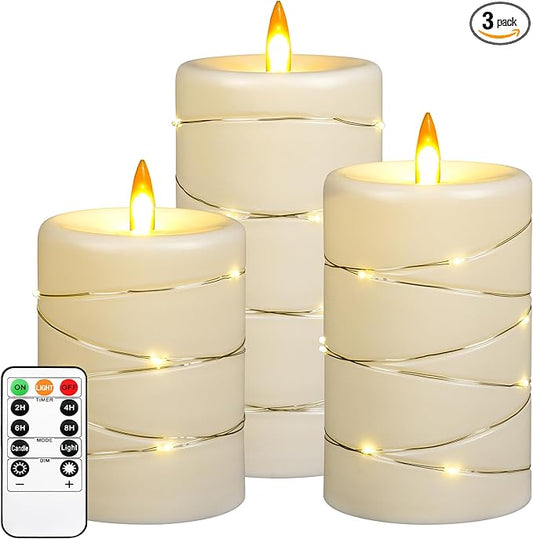 Da by Flameless Candle with Recessed Fairy Lamp, Dynamic Flame Candle Battery Powered with Timer & Remote Control 3-Piece Set