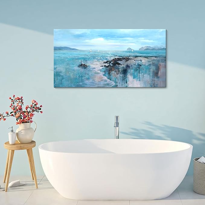 YCPRIMER Large Beach Wall Art for Living Room Coastal Picture for Bed Room Ocean Landscape Canvas Art Wall Decor Blue Seaside Painting Artwork for Home Bedroom Office Decoration