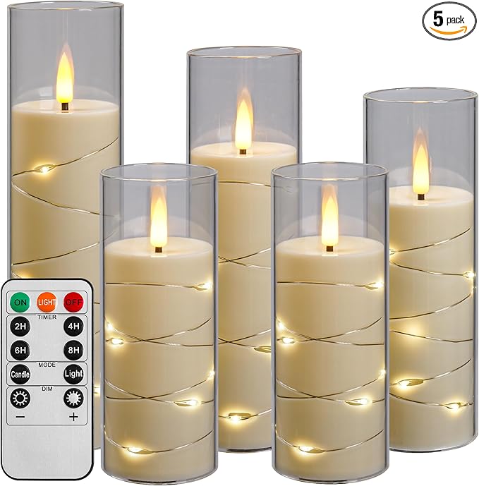 Da by Flickering Flameless Candle with Embedded Star String ，Acrylic LED Pillar Candles with 11-Key Remote Control and Timer，Battery Operated Candles, Ivory, Set of 5(D2.3×H5“/5“/ 6”/7“/8”)