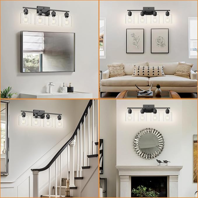 Black Vanity Lights for Bathroom 4 Light, Black Bathroom Light with Clear Glass, Wall Lights for Mirror Living Room Bedroom Hallway E26 Base