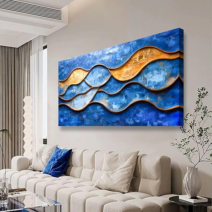 Abstract Pictures Canvas Wall Art for Living room Office Bedroom Wall Decor, Linear Wall Art Print Paintings Modern Blue Golden Abstraction Artwork Waterproof Ready to Hang-20x40inch