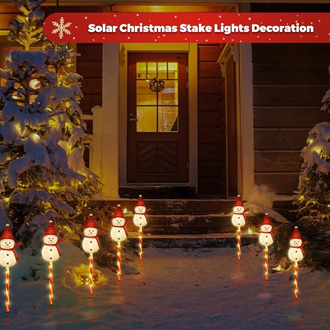 Set of 3 Snowman Solar Christmas Decorations, 8 Modes Solar Garden Lights, Candy Cane Christmas Stake Light, Outdoor Xmas Decor for Yard, Patio, Pathway (Warm White)