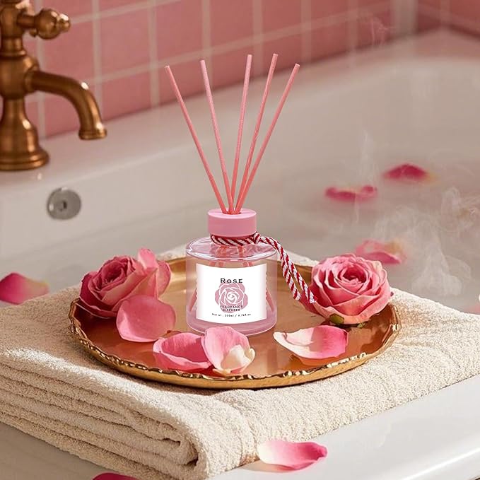 Rose Reed Diffuser Set, 6.77OZ(200ML) Large Capacity Natural Non-Toxic Oil, Reed Diffusers Set for Home