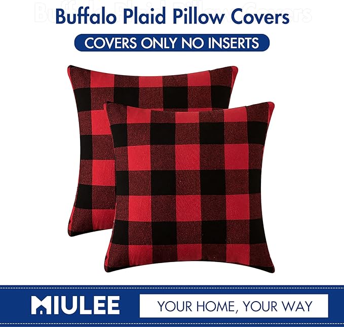 MIULEE Pack of 2 Classic Farmhouse Buffalo Check Plaids Polyester Linen Soft Soild Decorative Square Throw Pillow Covers Home Decor Cushion Case for Sofa Bedroom 18x18 Inch, Black and Red